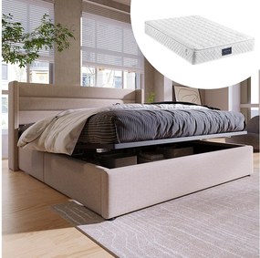 Łóżko dla dorosłych 140 x 200 cm ze schowkiem - tkanina lniana - stelaż listwowy + materac - beż