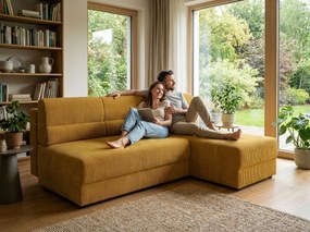 Rozkładana narożna sofa TAVERO SLIM 201x140 cm, musztardowa, uniwersalna