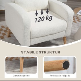 HOMCOM Nowoczesny Fotel z Podłokietnikami, Pikowany Fotel z Nogami z Drewna Kauczukowego, Poduszką Lędźwiową, do Salonu, Sypialni, Biura, Biały