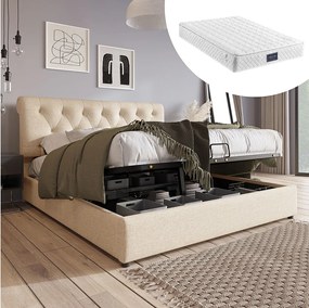 Łóżko z pojemnikiem 140x200 cm - Łóżko dwuosobowe z regulowanym zagłówkiem - drewno naturalne - materac w zestawie