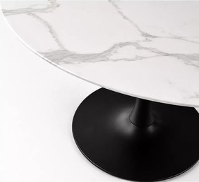 Stół Ambros 90 cm elegancki okrągły stół z marmurowym szklanym blatem i czarną stalową nogą do małego salonu