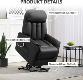HOMCOM Elektryczny fotel do wstawania, z funkcją leżenia, skóra ekologiczna, 80 x 94 x 104 cm, Czarny