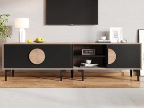 Meble pod TV 180x35x49 cm - z 3 frontami - Otwarte półki - Płyty wiórowe - Kolor naturalny i czarny