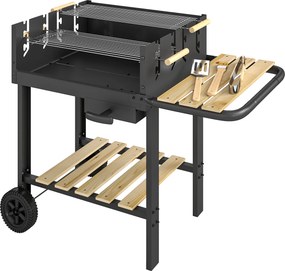 Outsunny Grill na węgiel drzewny z 4-stopniową regulacją wysokości rusztu, 2 drewniane półki, 2 kółka, tacka na popiół, 99,5 x 58 x 82 cm | Aosom PL