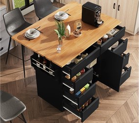 Mobilna wyspa kuchenna - Blat wysuwany - 8 szuflad i 1 drzwi - Z półką na przyprawy - MDF - Czarny