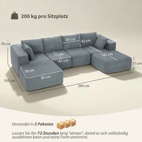 HOMCOM Modułowa narożna sofa, sofa w kształcie U z szerokimi i głębokimi siedziskami, 2 pufy, ciemnoszara | Aosom PL