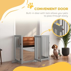 PawHut Bramka Zabezpieczająca dla Psów, Wolnostojąca, Składana, z Drzwiami i Nóżkami, Rama Drewniana, 220x36x91cm, Jasnoszary