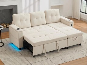 Kanapa narożna 3-osobowa 208x146x89,5 cm - Składana - z oświetleniem LED - z uchwytem na kubek i torbą do przechowywania - Beżowy