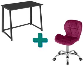 Zestaw do biura – składany stół ZARIMO 80×40 cm czarny + krzesło biurowe AVOLA VELVET burgundowe