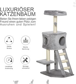 3 Drapak dla kota z jaskinią i drabinką plus miękka poduszka z MDF E1 i sizalu w kolorze jasnoszarym idealny do ostrzenia pazurów | Aosom PL