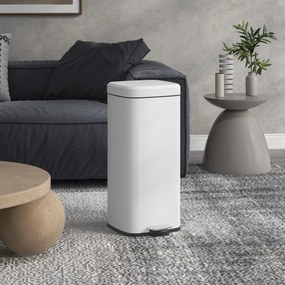 HOMCOM Kosz na śmieci 30L, pokrywa Soft-Close, odporny na odciski, pedał, Metal/Tworzywo sztuczne, 28x35x63,5 cm, Biały