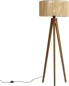 Lampa podłogowa vintage drewniana z beżowym abażurem z papierowego sznurka 50/50/25 - Tripod Classic