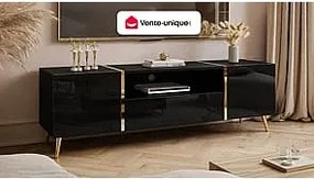 Szafka RTV 2-drzwiowa z 1 szufladą i 1 wnęką - Czarny z połyskiem i Złoty - MARZIALO