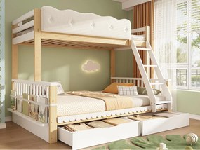 Łóżko piętrowe dziecięce 90x200 + 140x200 cm - z barierkami bezpieczeństwa w kształcie chmurki i szufladami - kolor biały i dąb (bez materaca)