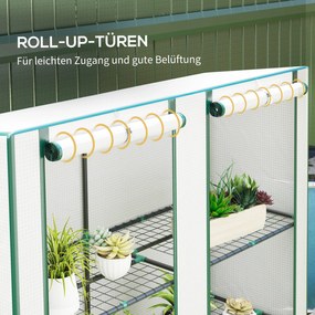 Outsunny Mini szklarnia z 3-poziomową półką, osłona z plastiku, odporna na UV, przenośna, drzwi rolowane, 144 x 48 x 152 cm, Biała