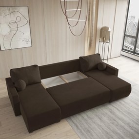Masseno Narożnik TESSUN z funkcją spania i pojemnikiem na pościel Narozniki U, Rozkładana sofa - Brązowy, POSO 06 + KRONOS 06