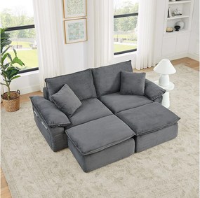 2-osobowa sofa modułowa z podnóżkiem i kieszeniami do przechowywania, z tkaniny, jasnoszara