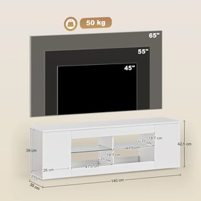 HOMCOM Stojak TV 140 cm, komoda RTV, 6 przegrodzeń, 2 szklane półki, płyta wiórowa, biały