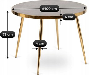 Zestaw Stół Okrągły TINGA 100 cm Szary Marmur/Złoty i 4 Krzesła Tapicerowane YORK Czarne Glamour