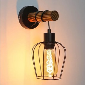 NETTLIFE Drewniana lampa ścienna w stylu retro w stylu vintage z przełącznikiem w stylu industrialnym, czarna lampa ścienna E27 z metalem