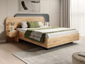Łóżko ze skrzynią i szafkami nocnymi 160 x 200 cm - Z oświetleniem LED - Naturalny i antracytowy - DESADO