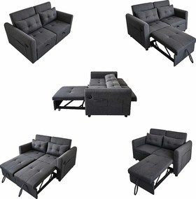 Sofa 2-osobowa rozkładana w tkaninie lnianej z regulowanym oparciem i portem USB, rozkładana sofa - 142 x 85 x 83 cm - Funkcja spania - Szara