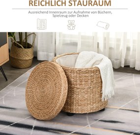 HOMCOM Stylowy Stołek ze Schowkiem - Pufa z Rattanu, Khaki Kolor - Ozdoba i Funkcjonalność