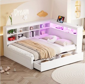 Sofa dziecięca z funkcją spania - 140 x 200 cm - z 1 szufladą + USB + diodami LED - z półkami do przechowywania - drewno - biały