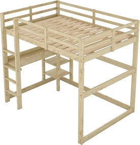 Łóżko antresolowe 140x200 cm, kolor drewna, łóżko dziecięce z biurkiem i półką, bez materaca