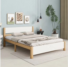 Łóżko dla dorosłych 140x200 cm – łóżko podwójne z zagłówkiem – kolor biały i naturalne drewno – materac nie jest wliczony w cenę