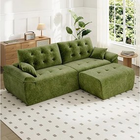 Modułowa narożna kanapa w tkaninie Chenille, 3/4 osobowa, z pufem i 2 poduszkami, 275x174x90cm, Zielony