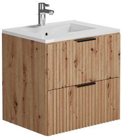 Szafka łazienkowa wisząca ryflowana z umywalką wpuszczaną w blat - Naturalny jasny - 60 cm - ZEVARA