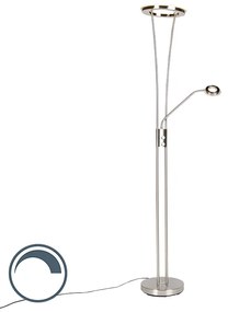 Nowoczesna lampa stojąca stal i szkło w tym LED z ramieniem do czytania - Divine