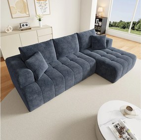 Modułowa 3-osobowa kanapa narożna prawa, chenille niebieski, 3 poduszki, 2 podgłówki, szezlong, 244.5x136x79cm