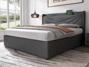 Łóżko 160x200cm z tkaniny lnianej - z portem USB i stelażem na listwy - Szare