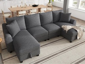 Nowoczesna sofa narożna w kształcie U 280×137×84 cm - zawiera dwie poduszki - z miejscem do przechowywania - tkanina chenille - szara