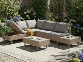 Modułowy zestaw mebli ogrodowych z rattanu PE - odpowiedni dla 4 do 5 osób - niski stół z plastikowych desek - taupe