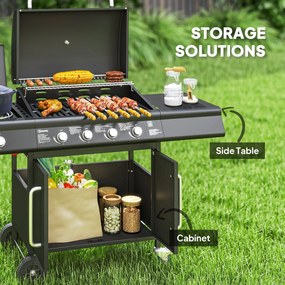 Outsunny Grill Gazowy 15,2 KW na Wózku z 5 Palnikami Nierdzewnymi Boczny Palnik 129,5 x 56 x 110 cm Czarny