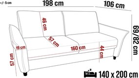 Sofa Kanapa CANTO 3 osobowa z funkcją spania wolnostojąca w tkaninie WERSAL