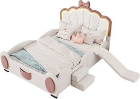 Łóżko dziecięce 140 x 200 cm ze zjeżdżalnią i schodami, tapicerowane skórą ekologiczną, diody LED, stelaż z listew, kolor różowo-biały