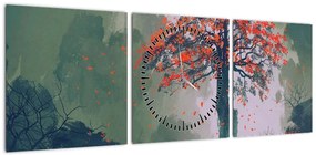 Obraz samotnego czerwonego drzewa (z zegarem) (90x30 cm)