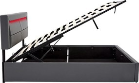 Łóżko 140x200 cm z ekoskóry z LED - z portami do ładowania (przewodowymi i bezprzewodowymi) - Szare