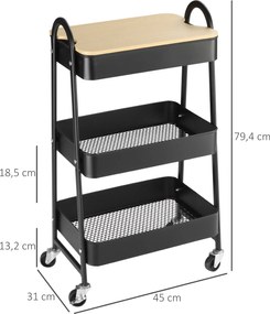 HOMCOM Wózek z 3 Koszami, Wózek Serwisowy, Metal, Tworzywo Sztuczne, Czarny