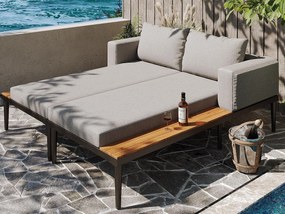 Podwójna sofa z funkcją spania na taras zewnętrzny 150x140x30cm - Wielofunkcyjna sofa z wodoodpornym materiałem - Z półką - Metal, Poliester - Szary