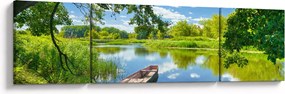 Obraz letniej rzeki z łodzią (170x50 cm)