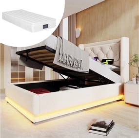 Łóżko dziecięce z pojemnikiem na pościel - 90 x 200 cm - z materacem + diody LED + zagłówek z USB - bawełna - beż