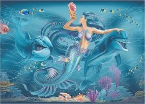 Obraz na szkle - Syrenka z delfinami (70x50 cm)