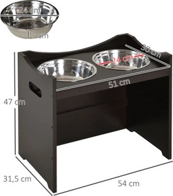 PawHut Miska dla Psów Regulowana Wysokość Stal Nierdzewna MDF Ciemnobrązowy 54x315x47 | Aosom PL