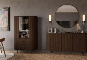Witryna Opunio 1F2S – nowoczesna witryna z przeszklonym frontem i szufladami, beż piaskowy / dąb cremona / dąb dunin