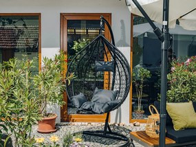 Szare krzesło wiszące KOKON ze stojakiem, szara poduszka